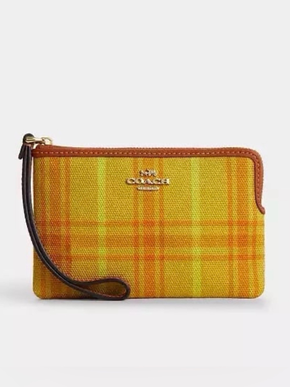 Coach Corner Zip Wristlet Plaid Print Regenerative Cotton & Smooth Leather NWT